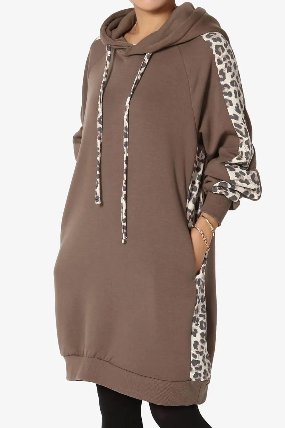 TheMogan Leopard Accent Loose Fit Pocket Pullover Hoodie Long Tunic Sweatshirts