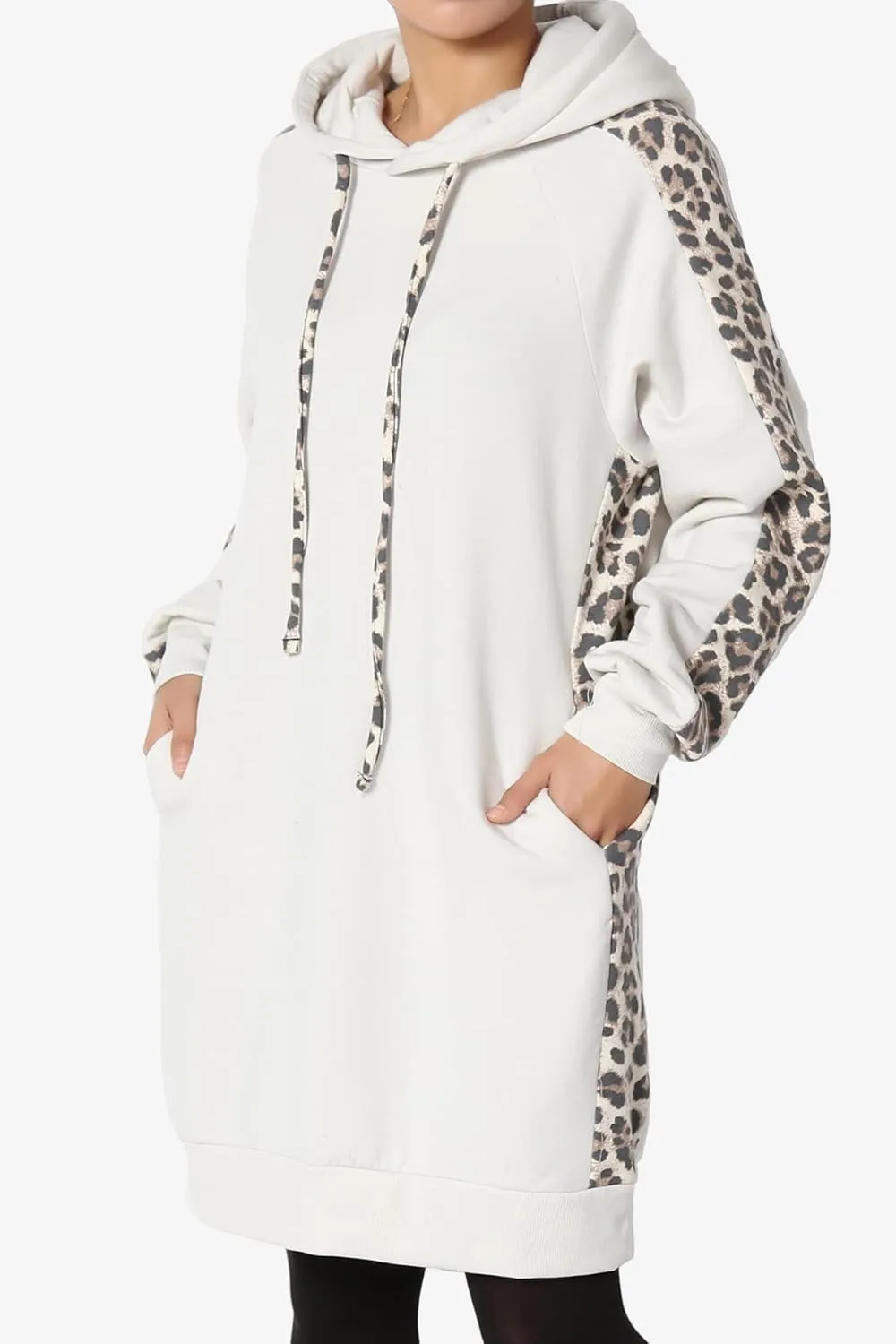 TheMogan Leopard Accent Loose Fit Pocket Pullover Hoodie Long Tunic Sweatshirts