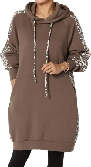 TheMogan Leopard Accent Loose Fit Pocket Pullover Hoodie Long Tunic Sweatshirts
