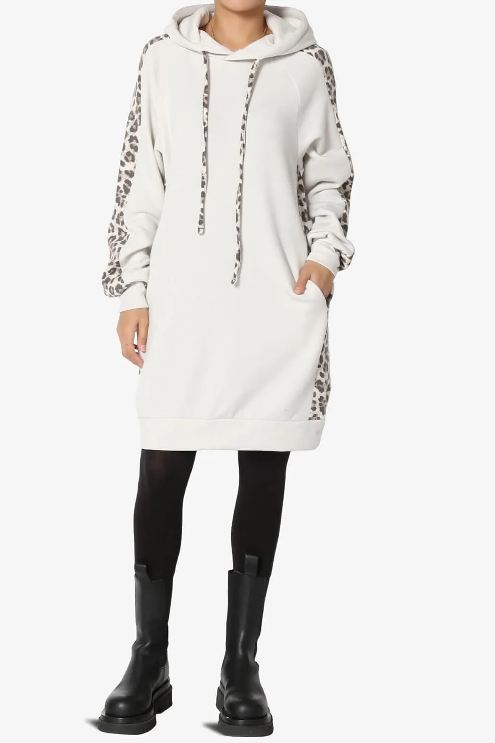 TheMogan Leopard Accent Loose Fit Pocket Pullover Hoodie Long Tunic Sweatshirts