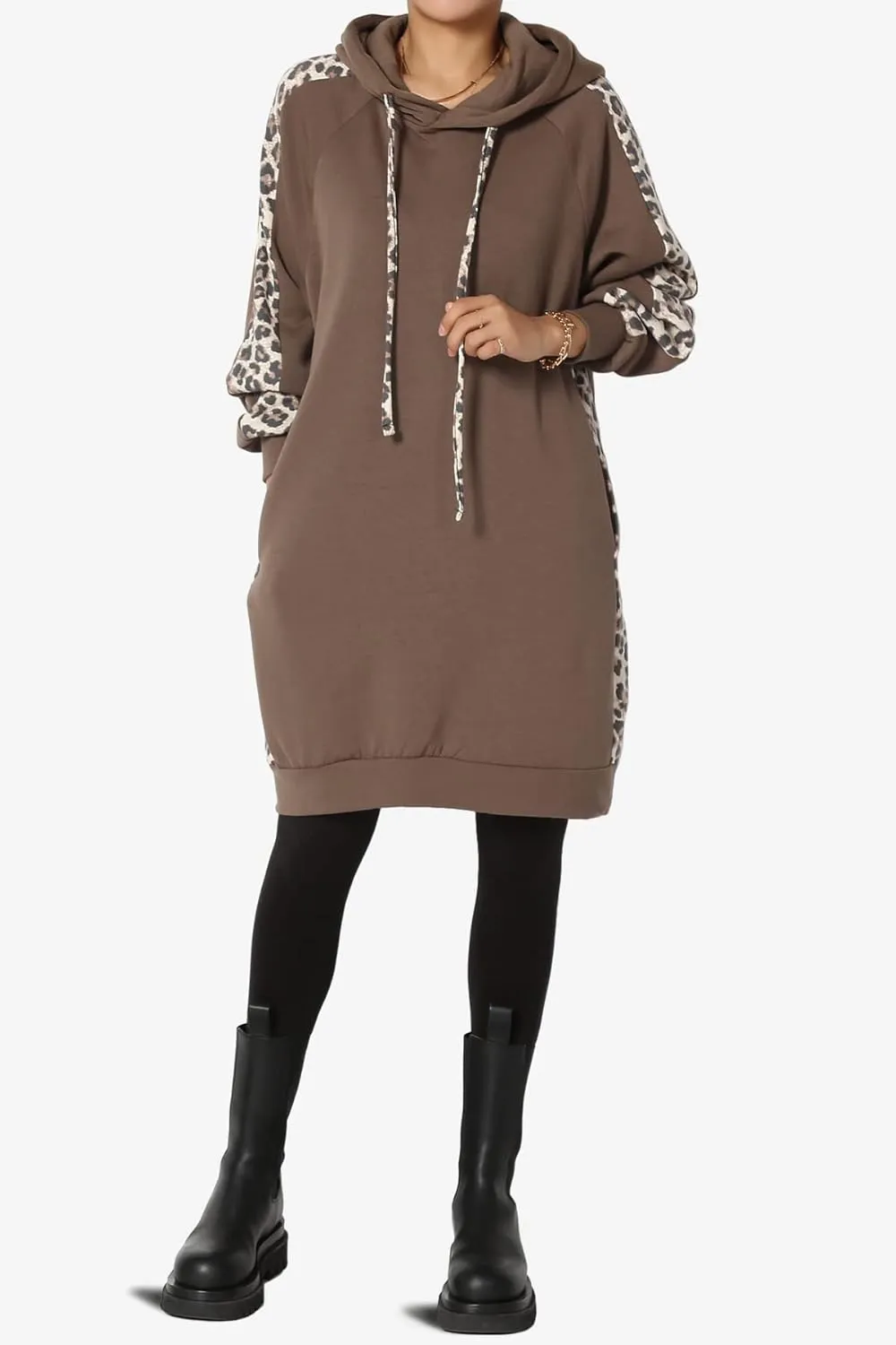 TheMogan Leopard Accent Loose Fit Pocket Pullover Hoodie Long Tunic Sweatshirts