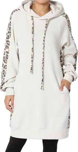 TheMogan Leopard Accent Loose Fit Pocket Pullover Hoodie Long Tunic Sweatshirts