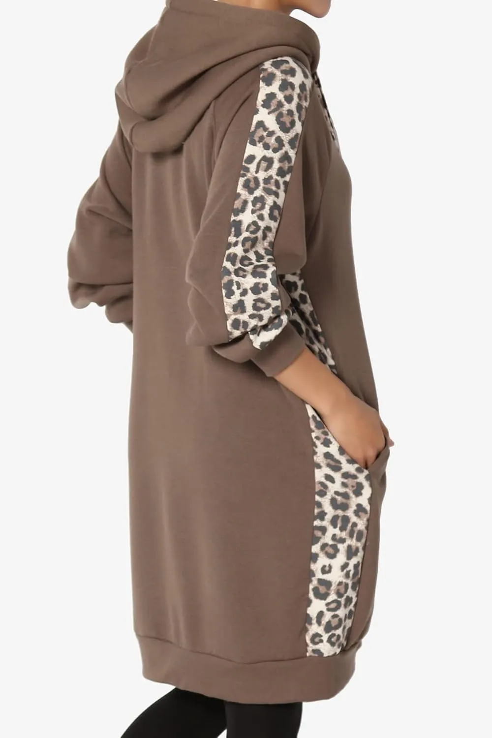 TheMogan Leopard Accent Loose Fit Pocket Pullover Hoodie Long Tunic Sweatshirts