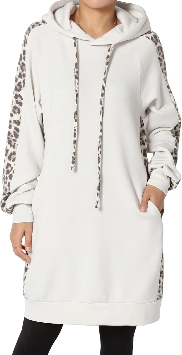 TheMogan Leopard Accent Loose Fit Pocket Pullover Hoodie Long Tunic Sweatshirts