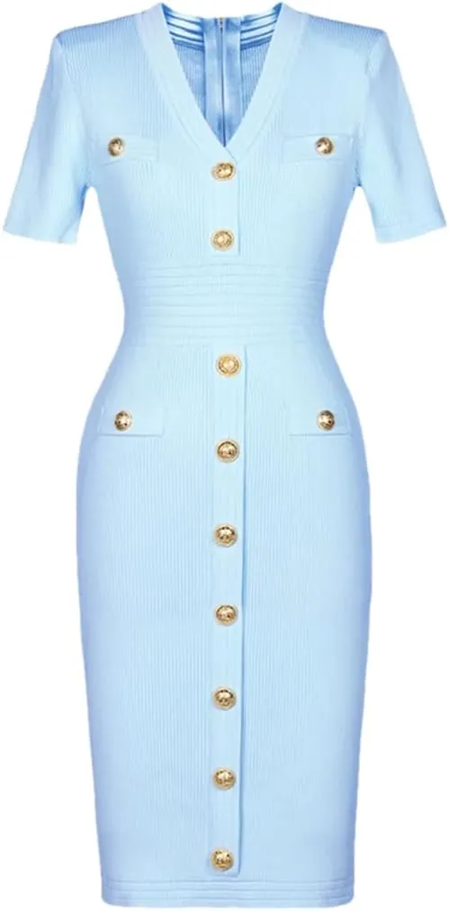 Vsadsau Women's Knitted Dress V-Neck Buttons Short Sleeve Solid Casual Slim Fit Stretch Midi Dresses