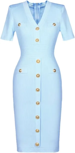 Vsadsau Women's Knitted Dress V-Neck Buttons Short Sleeve Solid Casual Slim Fit Stretch Midi Dresses