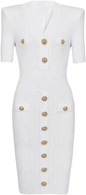 Vsadsau Women's Knitted Dress V-Neck Buttons Short Sleeve Solid Casual Slim Fit Stretch Midi Dresses