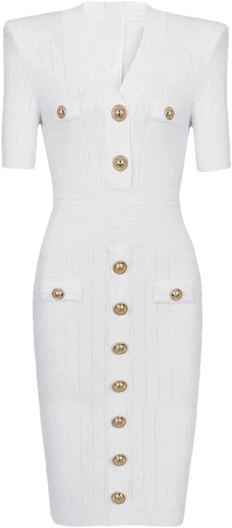 Vsadsau Women's Knitted Dress V-Neck Buttons Short Sleeve Solid Casual Slim Fit Stretch Midi Dresses
