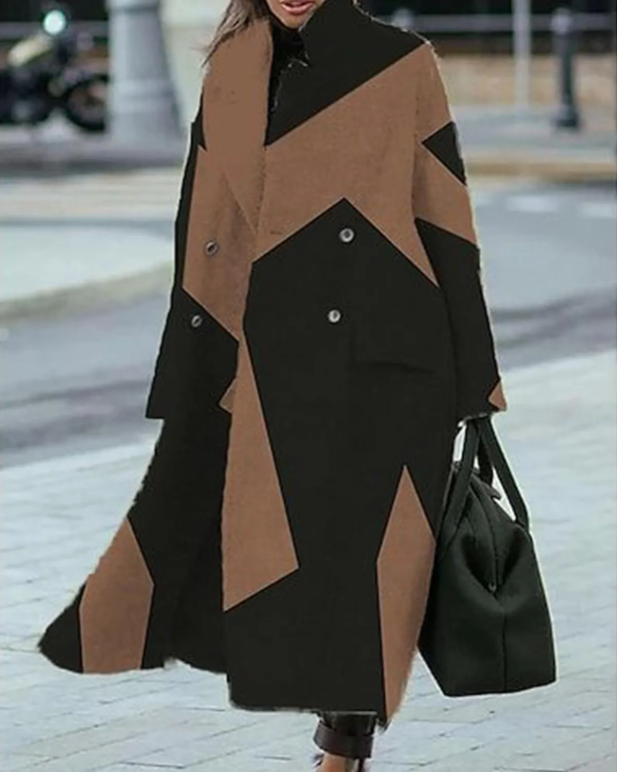 Women Notched Lapel Neck Button Down Geometric Faux Wool Blend Maxi Trench Coat Double Breasted Long Pea Coat