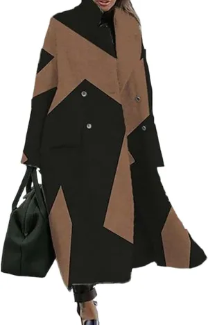 Women Notched Lapel Neck Button Down Geometric Faux Wool Blend Maxi Trench Coat Double Breasted Long Pea Coat