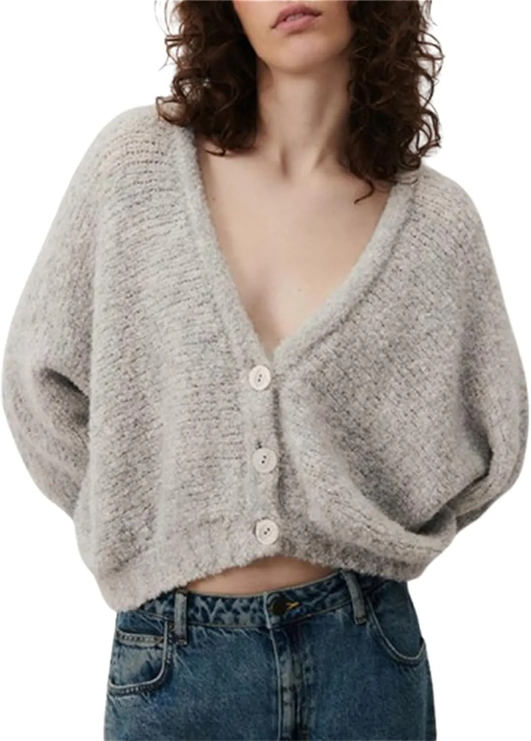 Women's Oversized Chunky Cardigan Deep V Neck Fuzzy Long Sleeve Button Down Closure Sweater Cardigan