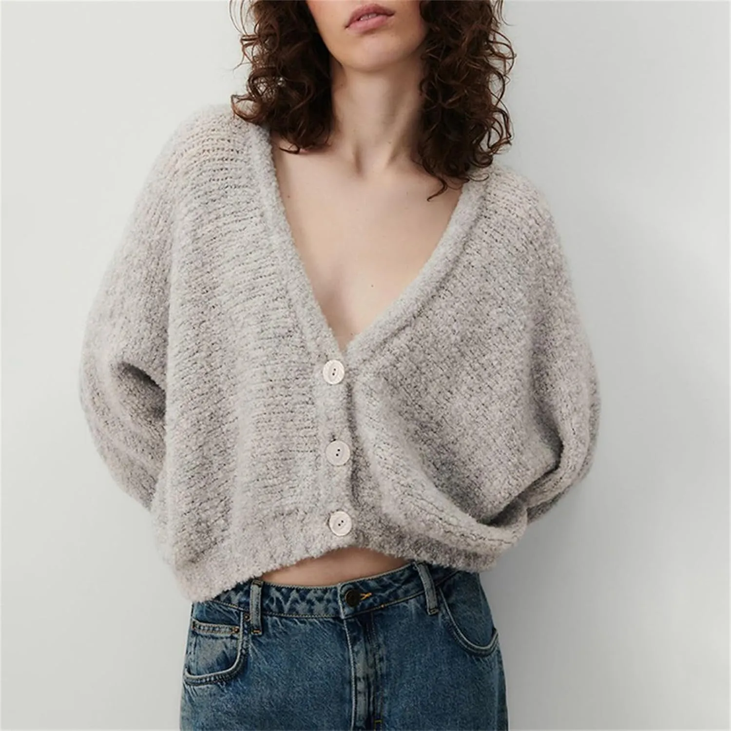 Women's Oversized Chunky Cardigan Deep V Neck Fuzzy Long Sleeve Button Down Closure Sweater Cardigan